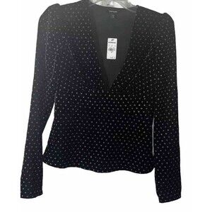 XS Express Black Velvet Woman Top With Silver Polka Dots Deep V-neck Long Sleeve